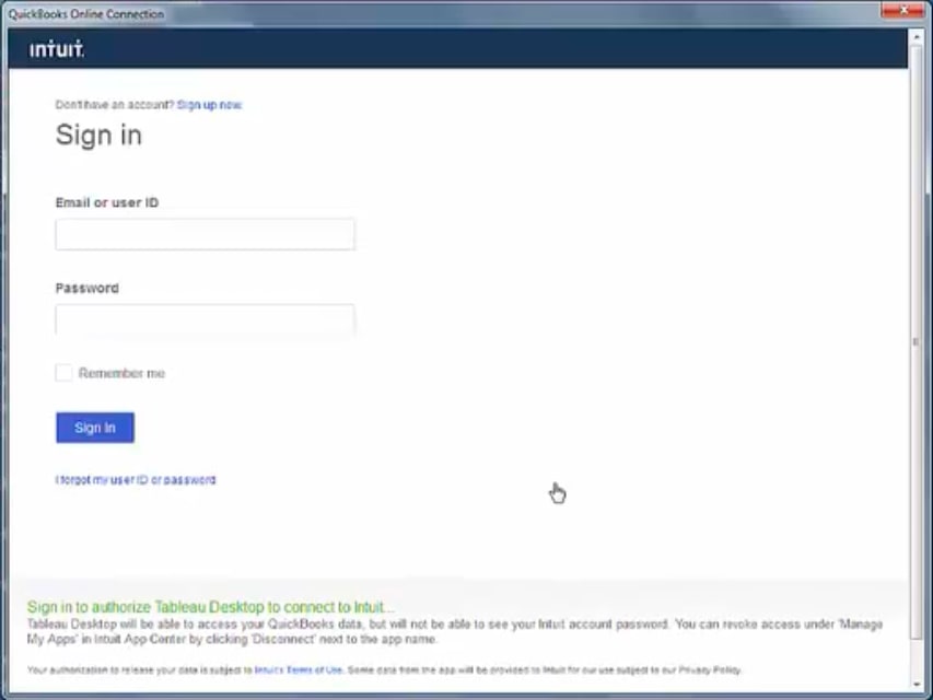 Authorization Window for QuickBooks Tableau Integration